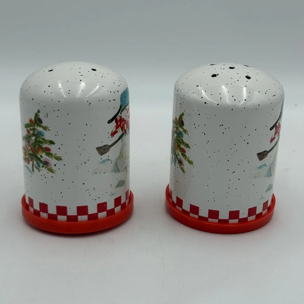 Vintage Style Snowman Christmas Mug Salt and Pepper Shakers Set Speckled White